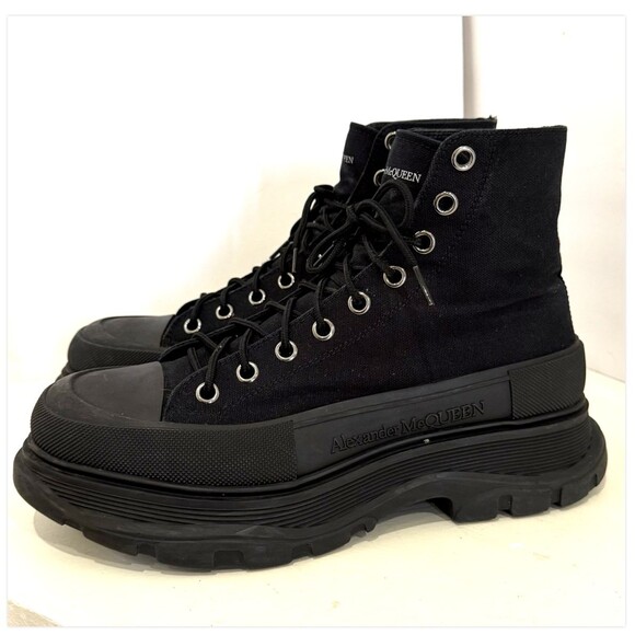 Alexander McQueen Black Canvas High Top Boots Chunky Lug Sole Sneakers EU 43.5